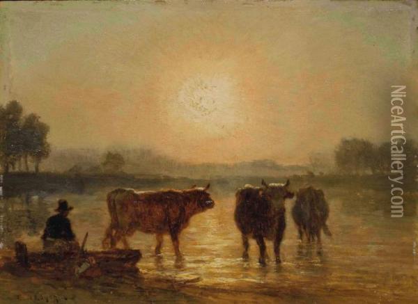 Vaches S'abreuvant Au Coucher Du Soleil Oil Painting - Constant Troyon