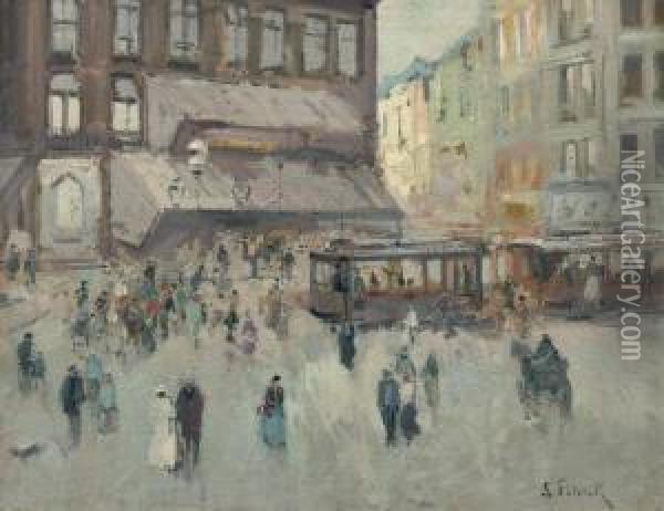 A Busy Town Square Oil Painting - Lucien Frank