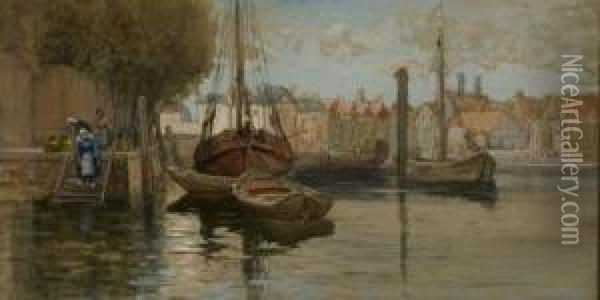 At The Pier, Bruges Oil Painting - Francis Hopkinson Smith