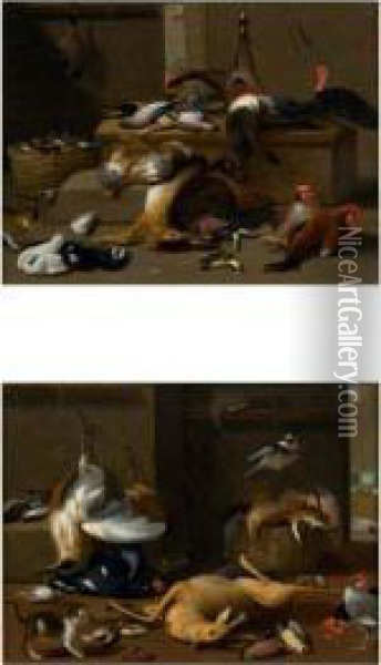 Chevreuil Et Oiseau Lapin, Chat Et Pigeon Paire De Cuivres Parquetes Oil Painting - Jan Iii Van Kessel