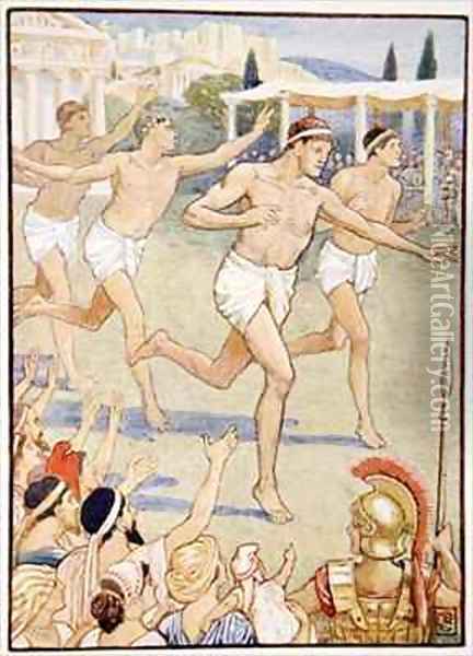 In earliest times a simple foot race was the only event Oil Painting - Walter Crane