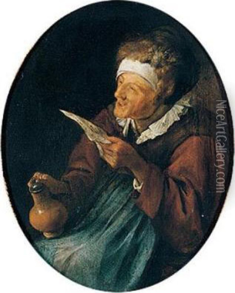 An Old Woman Singing And Holding A Beer Jug Oil Painting - Jan Steen
