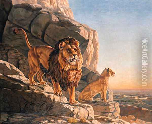 Lion and a Lioness on the Lookout on a Mountain Oil Painting - Urs Eggenschwiler