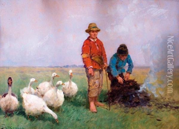 Pastuszkowie Rozpalajacy Ognisko Oil Painting - Adam Setkowicz