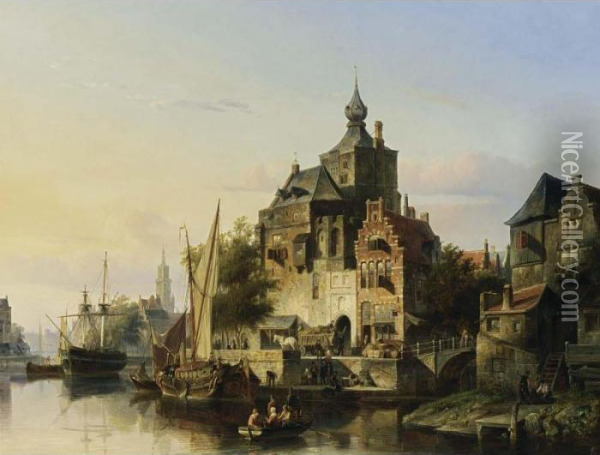 A Townview With Tall Ships And Figures On A Quay Oil Painting - Cornelis Springer