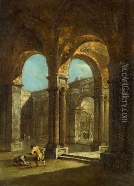 A Venetian Courtyard Oil Painting - Francesco Guardi