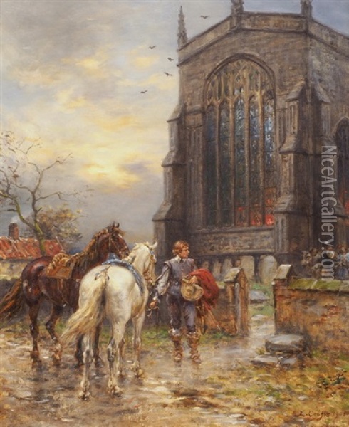 Pferde Und Kavalier Vor Einer Kirche Oil Painting - Ernest Crofts