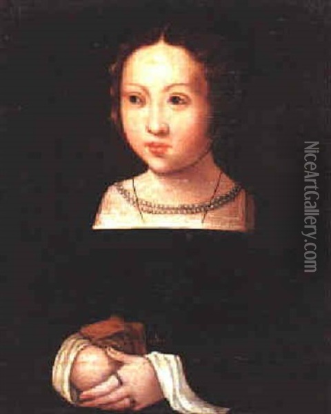 Portrait Of A Girl, Bust Length, Wearing A Double String Of Pearls, Clasping A Pair Of Gloves Oil Painting - Jan Gossaert