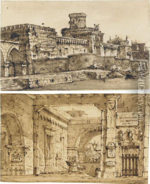 A Pair Of Stage Designs: A Courtyard With Walls Bearing Plaques, Busts And Other Motifs, And A Crenellated Fort With A Canal In The Foreground Oil Painting - Pietro Gonzaga
