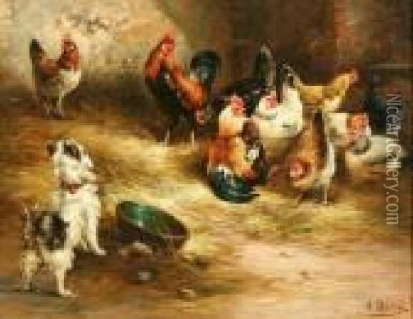 Observing The Chickens Oil Painting - August Laux