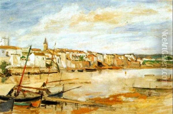 Vue Du Guadalquivir Et De La Ville, Deux Barques A L'avant-plan Oil Painting - Felicien Joseph Victor Rops