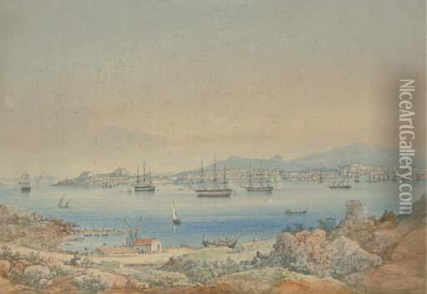 A View Of Corfu Harbor From The Mainland With The Fleet At Anchor Oil Painting - Josef Schranz