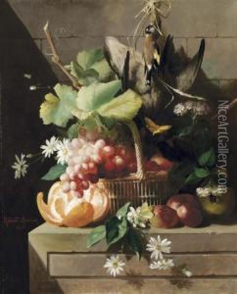 Cesto Con Fiori, Frutta E Uccelli - 1863 Oil Painting - Michaud Meunier