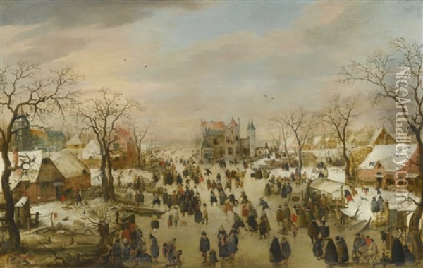 A Panoramic Winter Landscape With A Multitude Of Figures On A Frozen River Oil Painting - Hendrick Avercamp