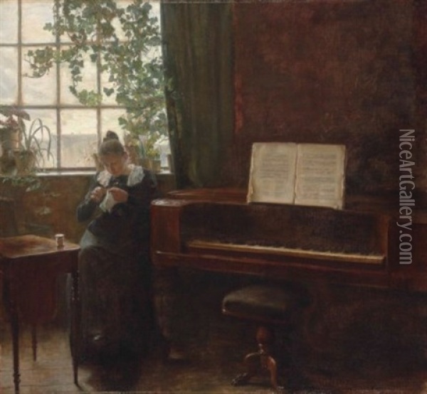 Young Lady Sewing In The Music Room Oil Painting - Carl Vilhelm Holsoe