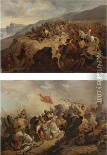 Two Scenes Of Battle (a Pair) Oil Painting - Henri Felix Emmanuel Philippoteaux