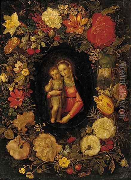 The Virgin and Child set in a feigned cartouche of carnations, tulips, daffodils and other flowers Oil Painting - Jan-Erasmus Quellinus