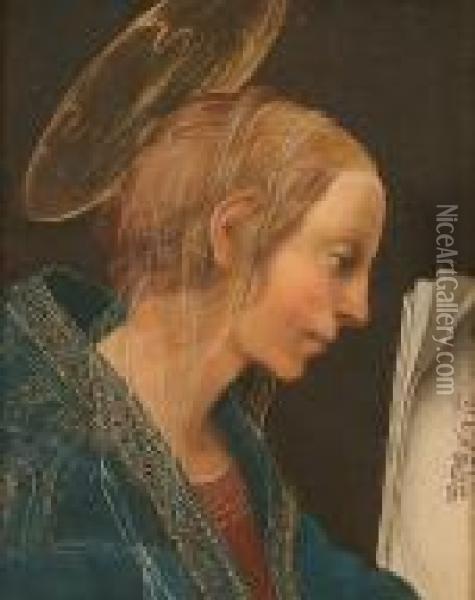 The Madonna Wearing A Blue Robe Edged With Gold, From The 'cowper Madonna' Oil Painting - Raphael (Raffaello Sanzio of Urbino)
