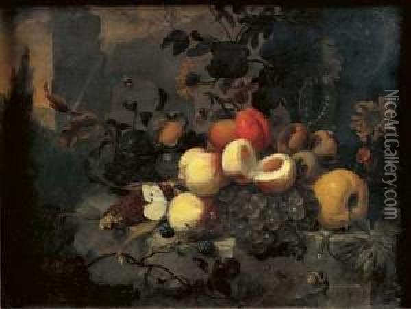Nature Morte De Fruits Et Fleurs Sur Un Entablement Oil Painting - Jan Mortel