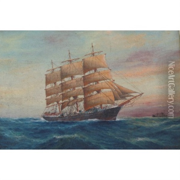 Three Master Clipper Ship In Full Sail In Choppy Sea Oil Painting - Luca Papaluca