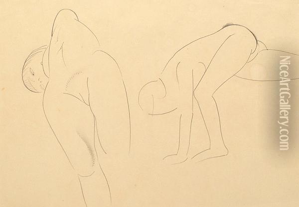 Two Nudes, C.1920 Oil Painting - Eric Gill
