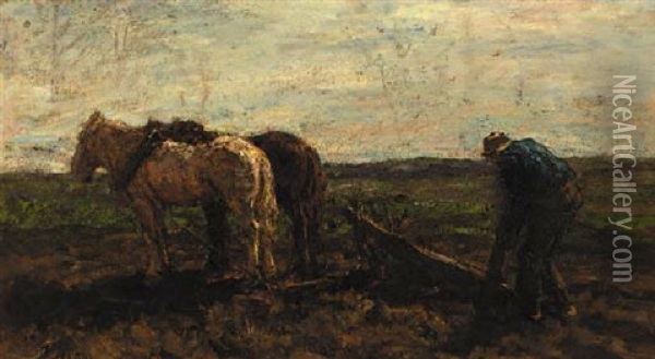 A Farmer Ploughing Oil Painting - Jacob Henricus Maris