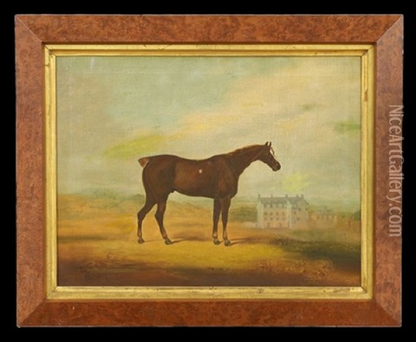 Chestnut Stallion In A Landscape With A View Of A Country Manor Oil Painting - James Howie