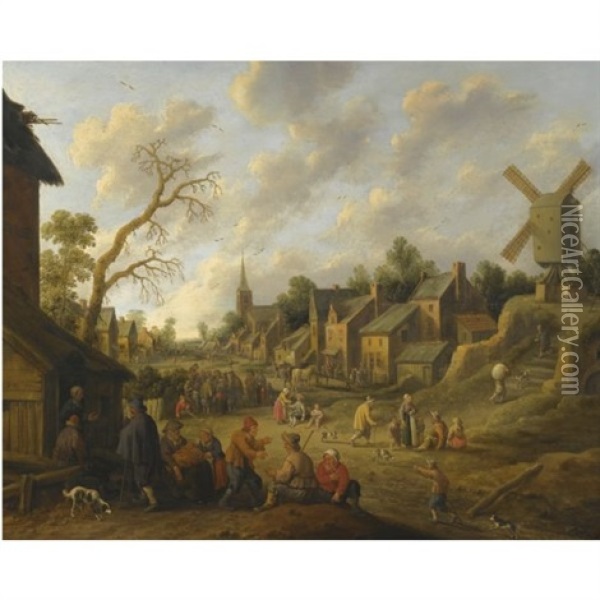 A Wide Street Through A Village Filled With Numerous Figures And Overlooked By A Windmill Oil Painting - Joost Cornelisz. Droochsloot