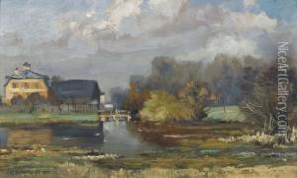 Herbstliche Landschaft Mit Teich Und Weiler Oil Painting - Cornelis Vreedenburgh