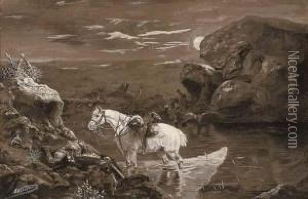 Horse Watering At The Edge Of A Battlefield Oil Painting - Nikolai Nikolaevich Karazin