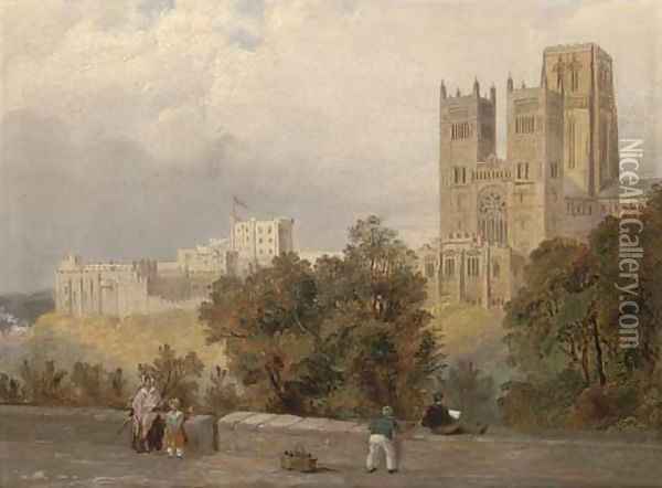 An artist sketching before Durham Cathedral Oil Painting - William Robinson