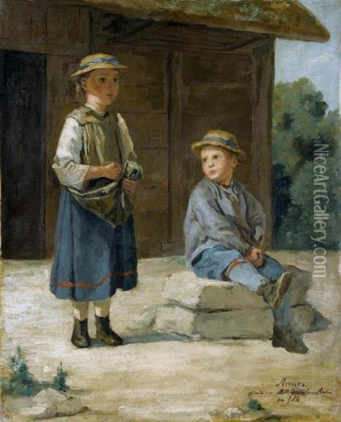 Zwei Kinder Vor Einer Scheune Oil Painting - Albert Anker