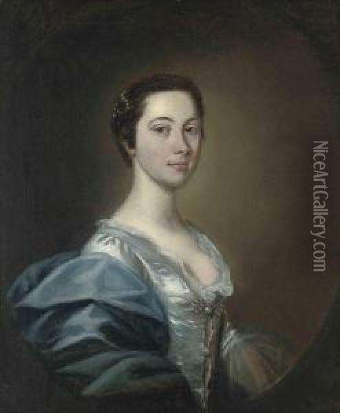 Portrait Of A Lady, Half-length,
 In An Oyster Satin Dress Withpearl Ornaments And A Blue Wrap Oil Painting - Allan Ramsay