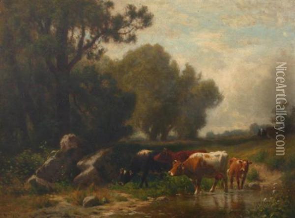 Summer Landscape With Stream And Cattle Oil Painting - William M. Hart