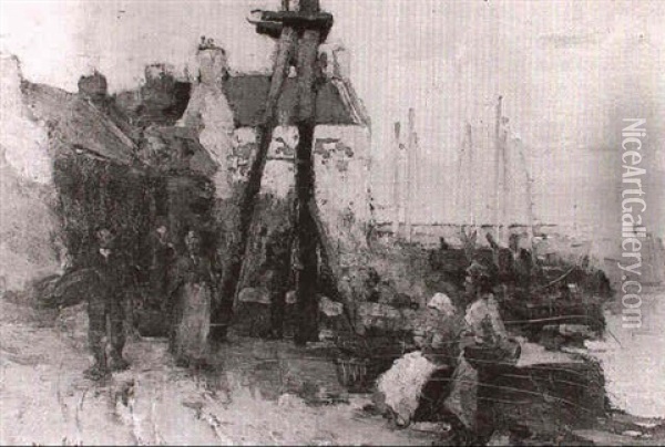 Fisherfolk On A Quay Oil Painting - William Watt Milne