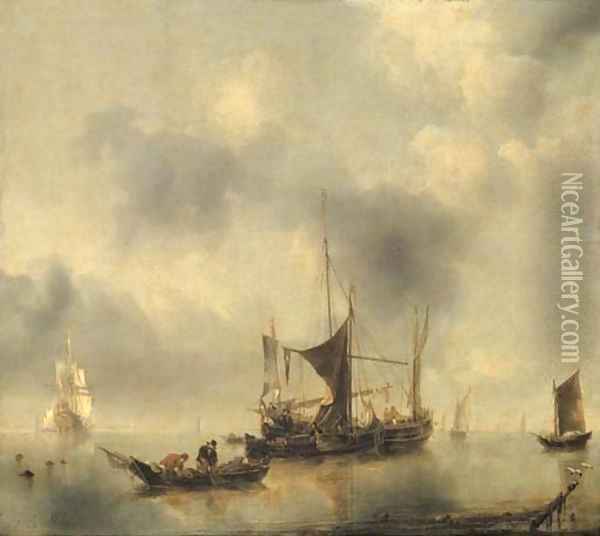 A kaag and a smak in a calm, with fishermen pulling in their catch from a rowing-boat in the foreground, a Dutch frigate and other boats beyond Oil Painting - Jan Van De Capelle