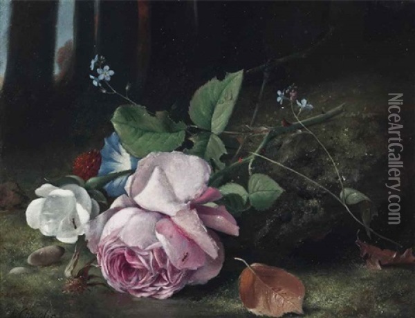 Roses, Forget-me-nots, And Convolvulus In A Forest Clearing Oil Painting - Arthur Chaplin