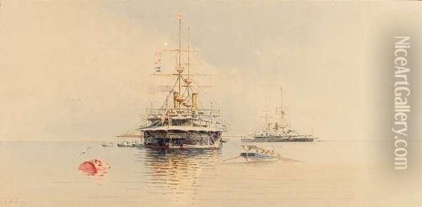 Two Britishwar-ships Oil Painting - Angelos Giallina