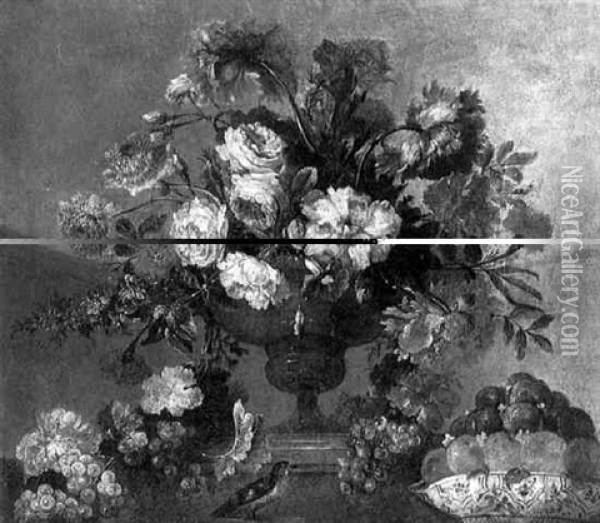 Bouquet De Fleurs Dans Un Vase En Bronze Et Coupe De Fruits Sur Un Entablement Oil Painting - Pierre Nicolas Huilliot