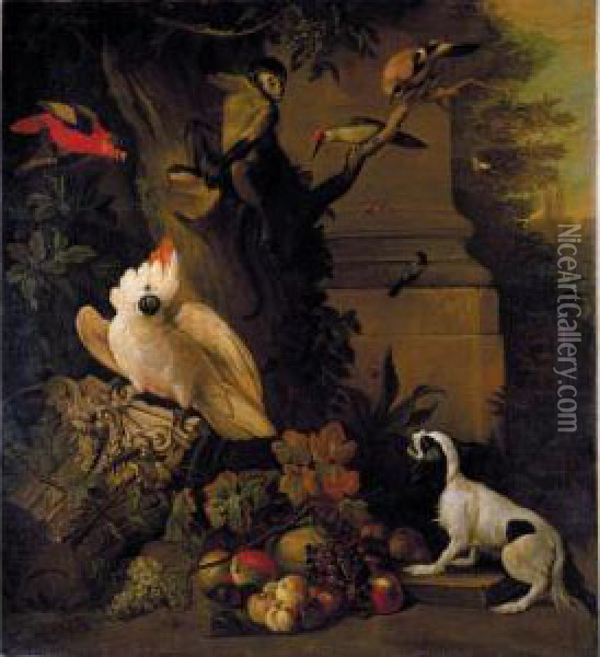 Still Life With Parrots, A Jay, A
 Woodpecker And A Finch, Together With A Spaniel And Various Fruits In A
 Parkland Setting Oil Painting - Jakob Bogdani Eperjes C