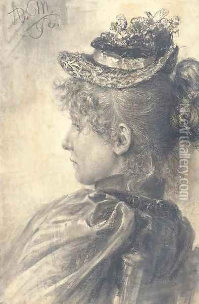 Portrait of a girl in profile to the left, bust-length, wearing a straw hat Oil Painting - Adolph von Menzel