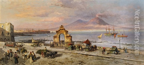 Hafen Von Santa Lucia In Neapel Mit Blick Auf Den Vesuv Oil Painting - Heinrich Hiller