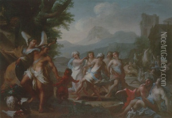 A Bacchanalian Scene With Figures Dancing And Making Merry In A Wooded Landscape Oil Painting - Giovanni Camillo Sagrestani