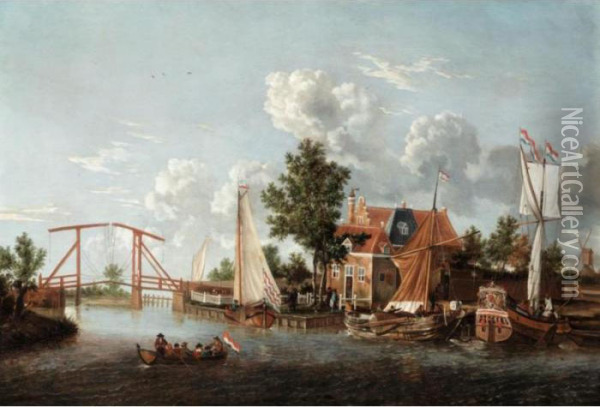 A Dutch River Landscape With Three Ships And A Boat Oil Painting - Jacobus Storck