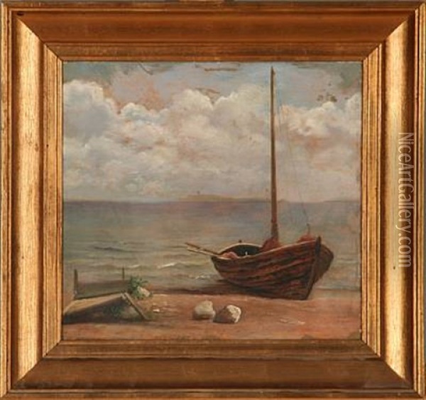 Coastal Scene With A Fishing Boat On The Beach Oil Painting - Emanuel Larsen