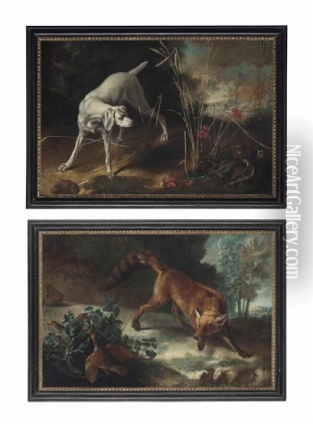 A Dog Pointing A Partridge; And A Fox Stalking A Brace Of Partridges Oil Painting - Jean-Baptiste Oudry