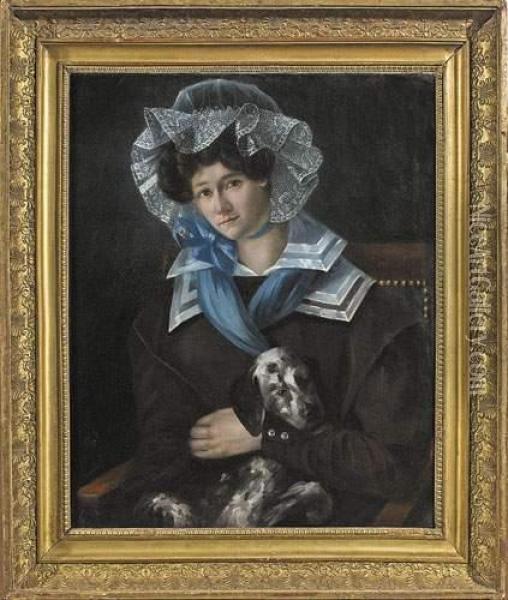 Jeune Femme Elegante Tenant Son Chien Sur Ses Genoux. Oil Painting - Alfred Johannot