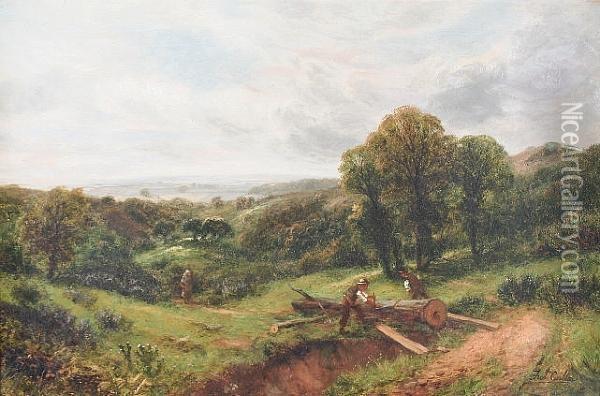 Horse And Cart By A River, Together With Another Of Timber Cutters By A Lane, A Pair Oil Painting - Frederick Carlton