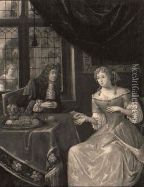 A Gentleman Offering An Orange To A Lady Oil Painting - Hendrik Carre