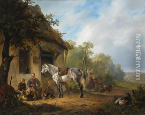 Figures Near A Farmstead Oil Painting - Wouterus Verschuur